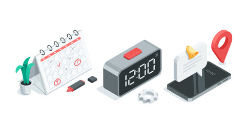 isometric vector set of calendar and electronic clock next to smartphone, in color on white background, work day planning or time organization