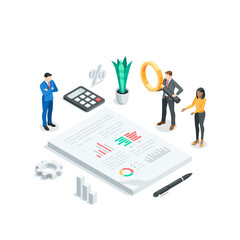 isometric vector business people analyzing a charts on a paper sheet, in color on a white background, statistics data research and professional team work