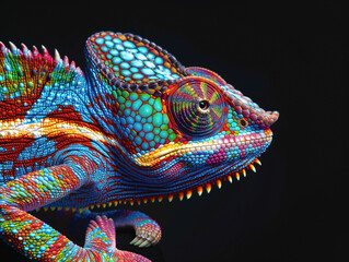 Obraz premium Vibrant close-up of a colorful chameleon against a black background. 