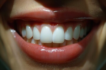 A close-up view of a person's smile, showcasing pearly white teeth and glossy pink lips.
