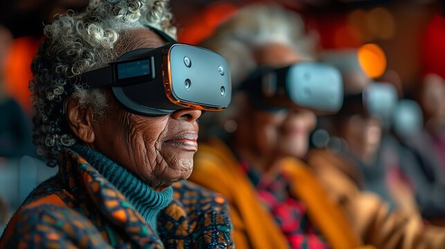 Diverse Group of Seniors Experiencing VR Technology in Workshop