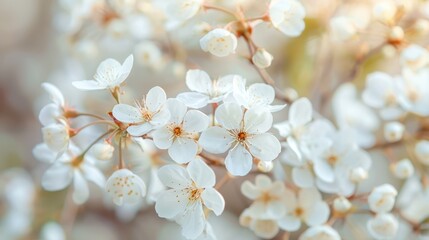 Fototapeta premium An artistic capture of a cluster of white flowers basking in the sunlight, illustrating the beauty of nature with a focus on the flowers' delicate structure and vibrant light.