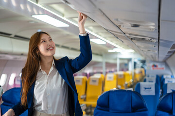 Airplane, travel and portrait of woman with journey.