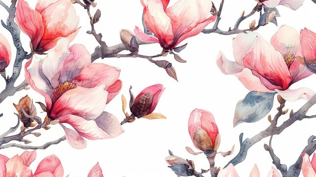 An exquisite watercolor depiction of magnolia flowers with delicate pink petals and graceful branches, set against a pristine white background. Ideal for artistic and botanical themes.