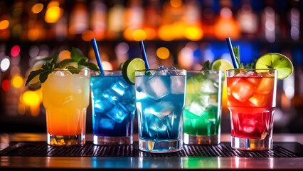 Bunte eisgekühlte Cocktails mit Limette und Minze an einer Bar