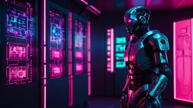 A dark room with a robot looking at a wall of servers with bright pink and blue lights.