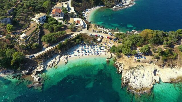 Aerial drone view north east coast with Kanoni, Mpataria and Pipitos beach, Island of Corfu, Greece. Mpataria, Kanoni and Pipitos beach at Corfu Greece during the day.