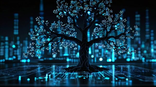 A digital illustration of a tree with glowing blue leaves against a dark blue background.