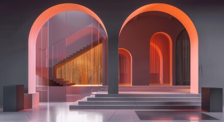 Fototapeta premium Archway Interior with Red Light and Stairs