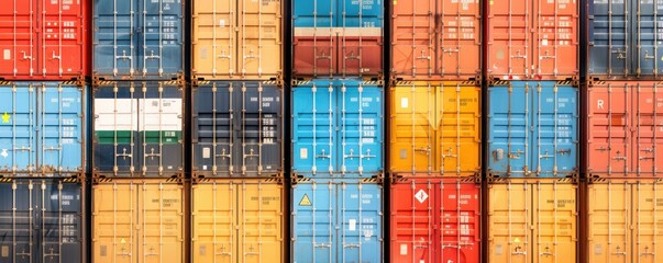 Close-up of stacked cargo containers with various international flags, representing global trade, cargo containers, international trade