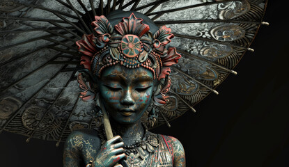 Fototapeta premium Detailed 3D render of Indonesian female art statue holding umbrella, sculpted from colorful textured stone and adorned with elaborate painted patterns, set against black background.