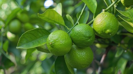 Growing green juicy lemons on a tree