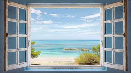 The open wooden window with light blue frame offers a clear view of the calm, turquoise waters and a serene beach, framed by sparse trees and greenery.