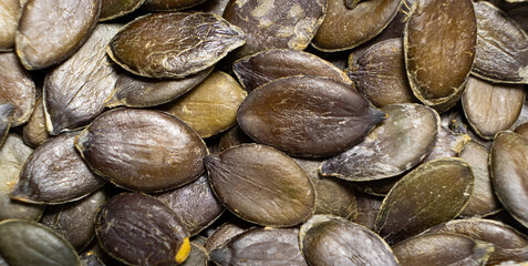 Top view of macro pumpkin seed kernel banner.