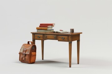 Wooden Desk with Books, a Mug, and a Backpack