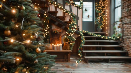 A wooden staircase adorned with Christmas decorations and illuminated by fairy lights, creating a cozy and festive holiday atmosphere inside a home.