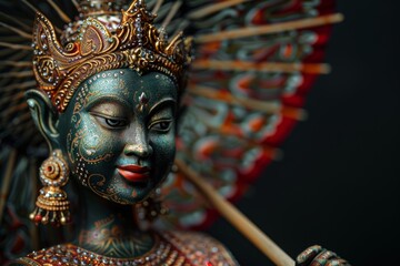 Fototapeta premium Detailed 3D render of Indonesian female art statue holding umbrella, sculpted from colorful textured stone and adorned with elaborate painted patterns, set against black background.
