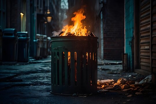 Burning trash can in dark alley at night
