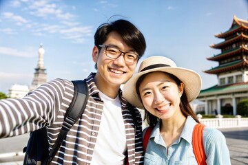 Obraz premium Smiling Asian Couple at Tourist Landmark 