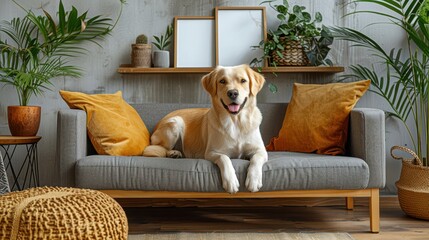 A domesticated dog comfortably lies on a stylish gray sofa with mustard pillows, surrounded by a variety of indoor plants and decor elements, conveying a homely ambiance.