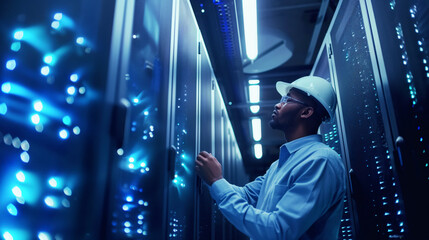 Engineer in hard hat inspecting servers in a modern data center with blue lights