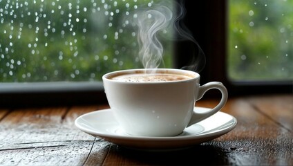 Fototapeta premium Steaming Coffee Cup on Rainy Day