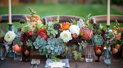 A colorful and diverse arrangement of succulents organized in a centerpiece with candles and glassware, perfect for an elegant and modern table setting in any indoor or outdoor space.