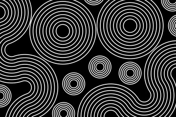 Abstract white lines circles on black background, linear swirls path vector banner template.