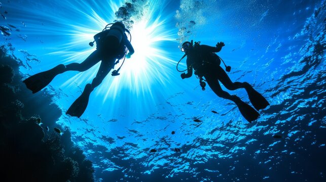 Two scuba divers swimming in the ocean with sun shining through the water
