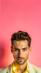 Obraz premium Portrait of a handsome man with green eyes and stylish hair wearing a white suit against a pink background