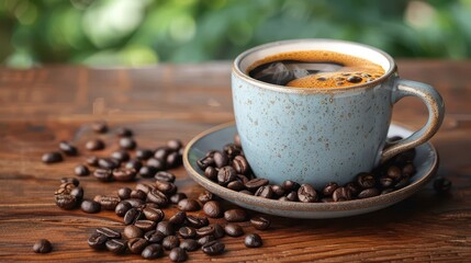 A steaming cup of coffee in a ceramic mug surrounded by scattered coffee beans on a rustic wooden table, creating a cozy and inviting atmosphere.