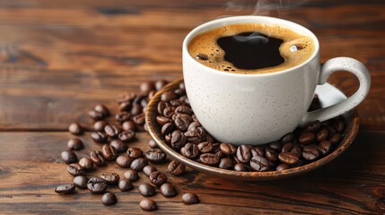 Obraz premium A white ceramic coffee cup on a saucer surrounded by coffee beans on a wooden table. Steam rises from the cup, creating a warm and inviting scene.
