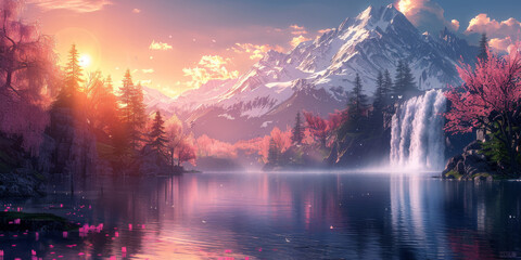 紫陽花と青空に虹がかかる風景