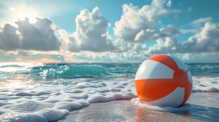 Obraz premium Beach Ball on the Shore with Blue Sky and Clouds