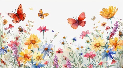 Beautiful butterflies and flowers painted onto a meadow setting, intricately detailed with vibrant colors, displaying an artistic representation of nature's beauty and serenity.