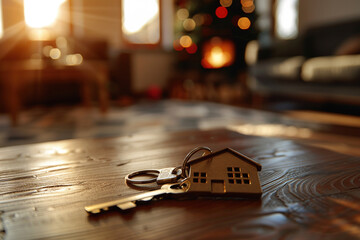 Keys with a house-shaped keychain on a table in the living room of an apartment. Commuter relocation, to move buy a new  flat, mortgage from the bank concept. Copy paste empty place for text