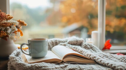 An autumn mood captured with an open book and a mug of steaming beverage, flowers in a vase, all set on a knitted blanket by a window overlooking the colorful fall scenery.