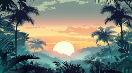 A stunning image showcasing a sunset over a lush jungle scenery, featuring tall palm trees silhouetted against a colorful sky with hues of orange, pink, and blue.