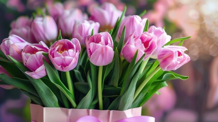 This image features a stunning bunch of pink tulips, elegantly presented and tied with a pink ribbon, capturing the essence of floral beauty and fresh springtime ambiance.