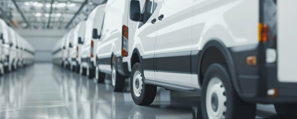 Row of white vans parked in an industrial building