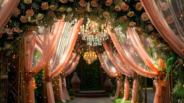 A beautifully decorated archway adorned with pink curtains, hanging lights, and stunning floral arrangements, creating a dreamy and romantic atmosphere.