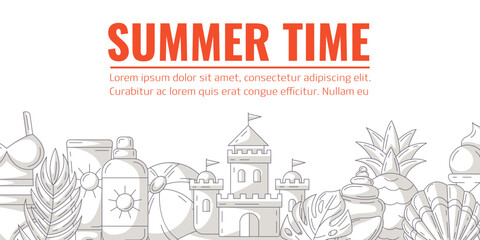 Summer monochrome gray minimalist horizontal banner, beach accessories elements. Bottom border frame, copy space. Holiday and vacation. For poster, flyer, card, invitation, social media, postcard