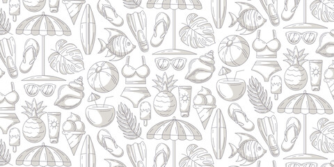 Minimalist monochrome gray seamless summer pattern, beach elements. Swimsuit, flip flops, flippers, fish, surfboard, umbrella, coconut cocktail, pineapple. For cover, wrapping paper, textile print © Coxic25