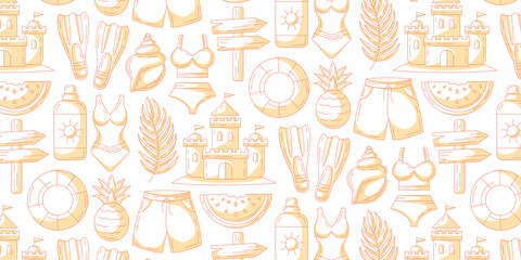 Minimalist monochrome orange summer seamless pattern, beach elements. Swimsuit, sand castle, pineapple and watermelon, sunscreen, seashell, flippers, lifebuoy. For cover, wrapping paper, textile print © Coxic25