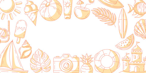 Summer minimalist horizontal banner, monochrome orange beach accessories icons. Border frame, copy space, isolated on white. For poster, flyer, card, invitation, social media, postcard, cover or event