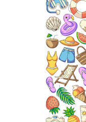 Summer vertical a4 poster, colorful beach elements, accessories icons. Right side border frame, copy space, isolated on white. For card, banner, invitation, social media, planner, notebook or cover