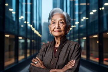 Fototapeta premium Portrait of a glad indian elderly woman in her 90s sporting a breathable mesh jersey isolated in sophisticated corporate office background