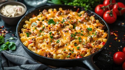 One skillet cheeseburger mac and cheese on frying pan with macaroni pasta a lot of cheese bechamel sauce ground beef meat and vegetables tasty american food dish