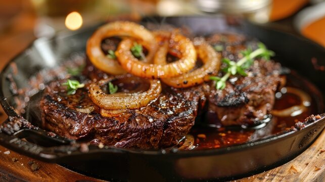 Traditional Filipino dry aged angus bistek tagalog steak with onion rings in soy sauce served as close up in a cast iron casserole