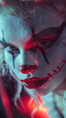 Naklejka premium Woman with scary clown halloween make-up staring at the camera